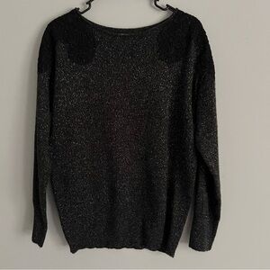 ELLE Black Knit Silver Metallic Lace Shoulder Detail Long Sleeve Sweater